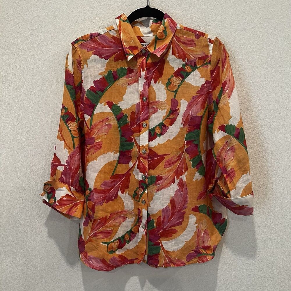 Chicos Shirt Women 1 US 8 Orange Pink Foliage Floral No Iron Linen 3/4 Sleeve - Picture 3 of 9